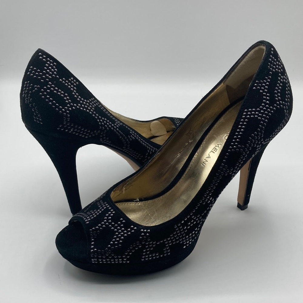 Antonio Melani Black Leather Suede Studded Peep Toe Heels Women's Size 7…